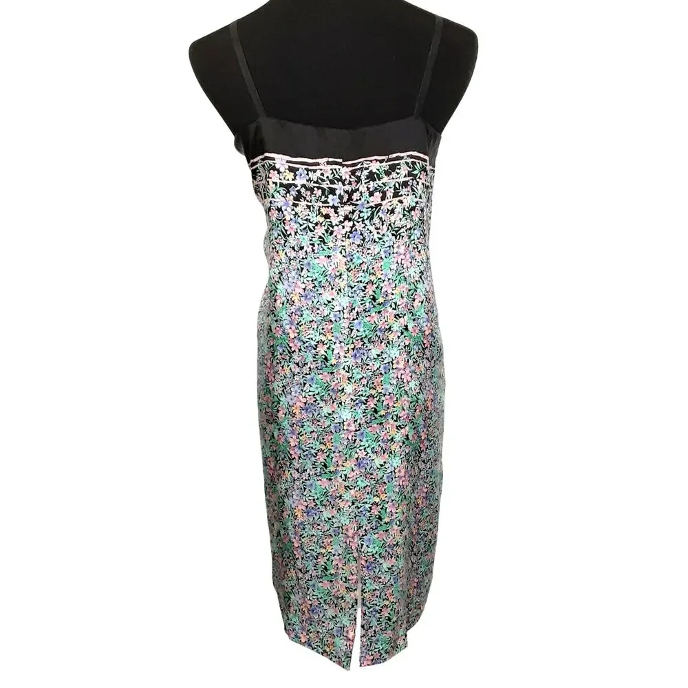 Vintage 80s Silk Slip Dress Ditsy Floral Shift Mini Dress Coquette Womens L